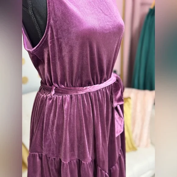 Velvet Mock Neck Tie Waist Dress | Plum Holiday Party Mini Dress - Picture 7 of 7